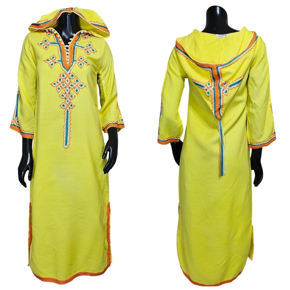 Vintage Glenn Mark Boston Yellow Embroidered Hooded Djellaba Kaftan Maxi Dress S